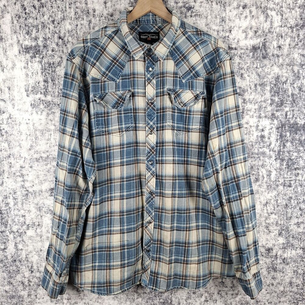 Cody James FR Western Pearl Snap Shirt Men’s 2XL XXL Beige Plaid Flame Resistant